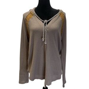 Hem & Thread Women's Boho Knit Lace Inset Pullover Hoodie Sweater Large